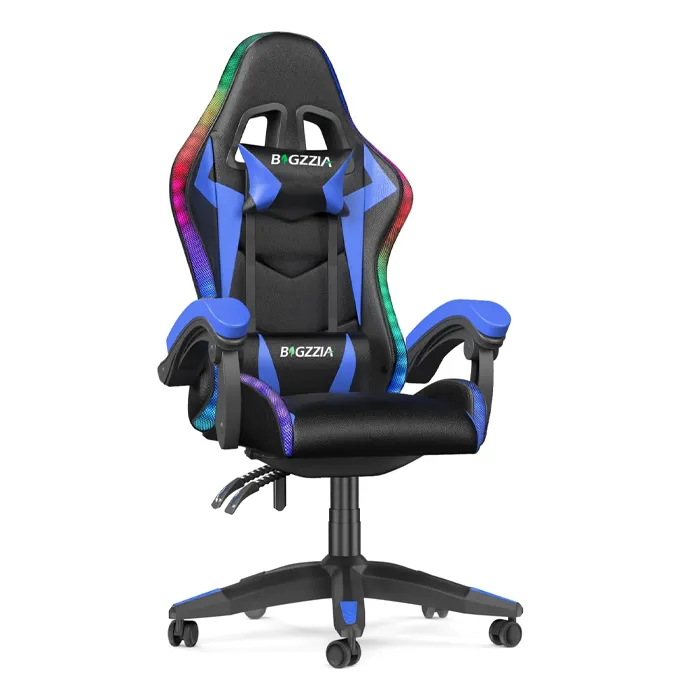 Chaise Gaming Ergonomique Bigzzia LED Dossier Réglable Bleu